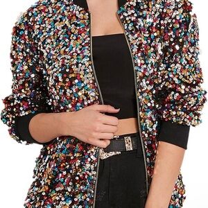 Cresay Women's Sequin Fitted Long Sleeve Zipper Blazer Bomber Jacket